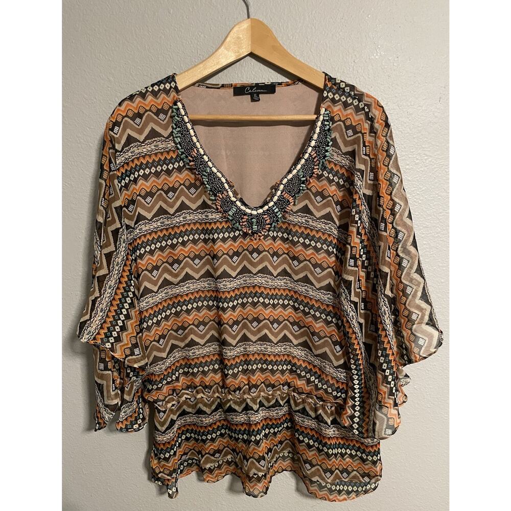 Calessa Womens Tunic XL Colorful Aztec Beaded Flowy Peplum Boho Western Artsy